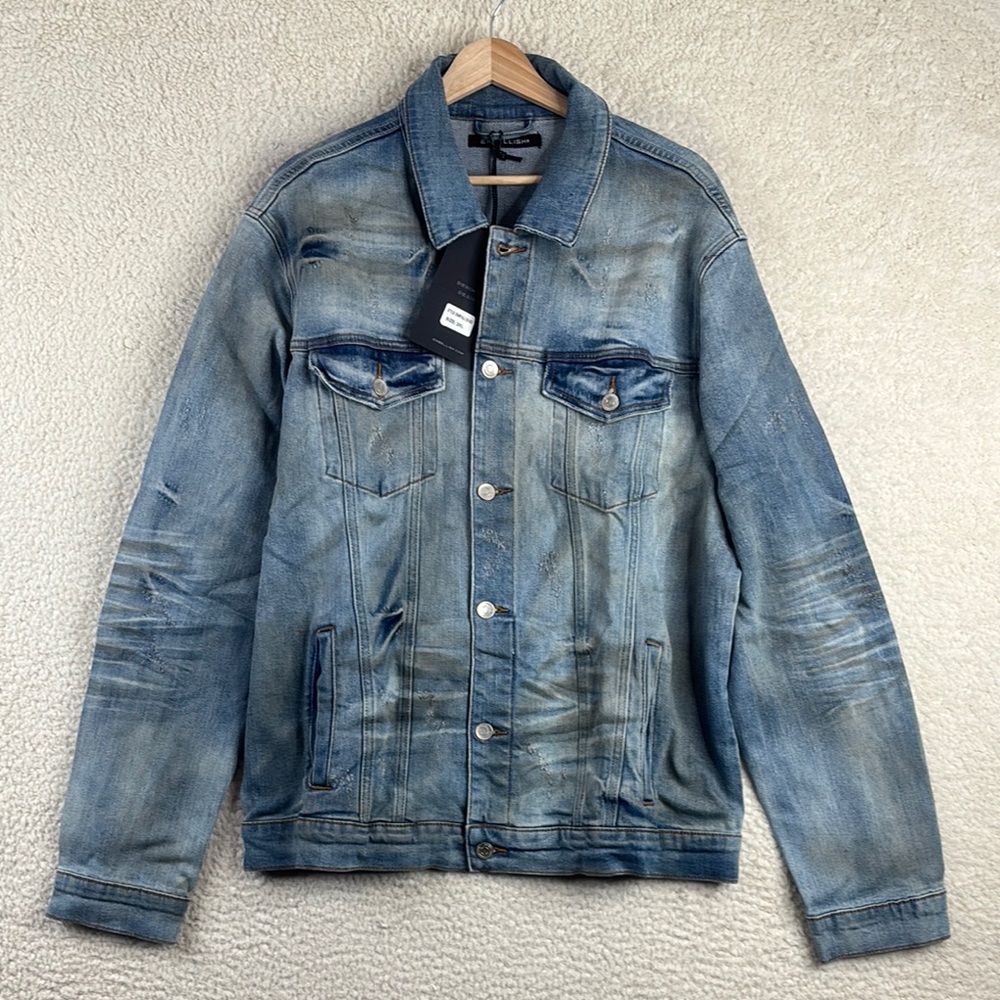 NWT Embellish Mens Blue Denim Distressed Long Sleeve Jean Jacket Pockets XXL/2XL